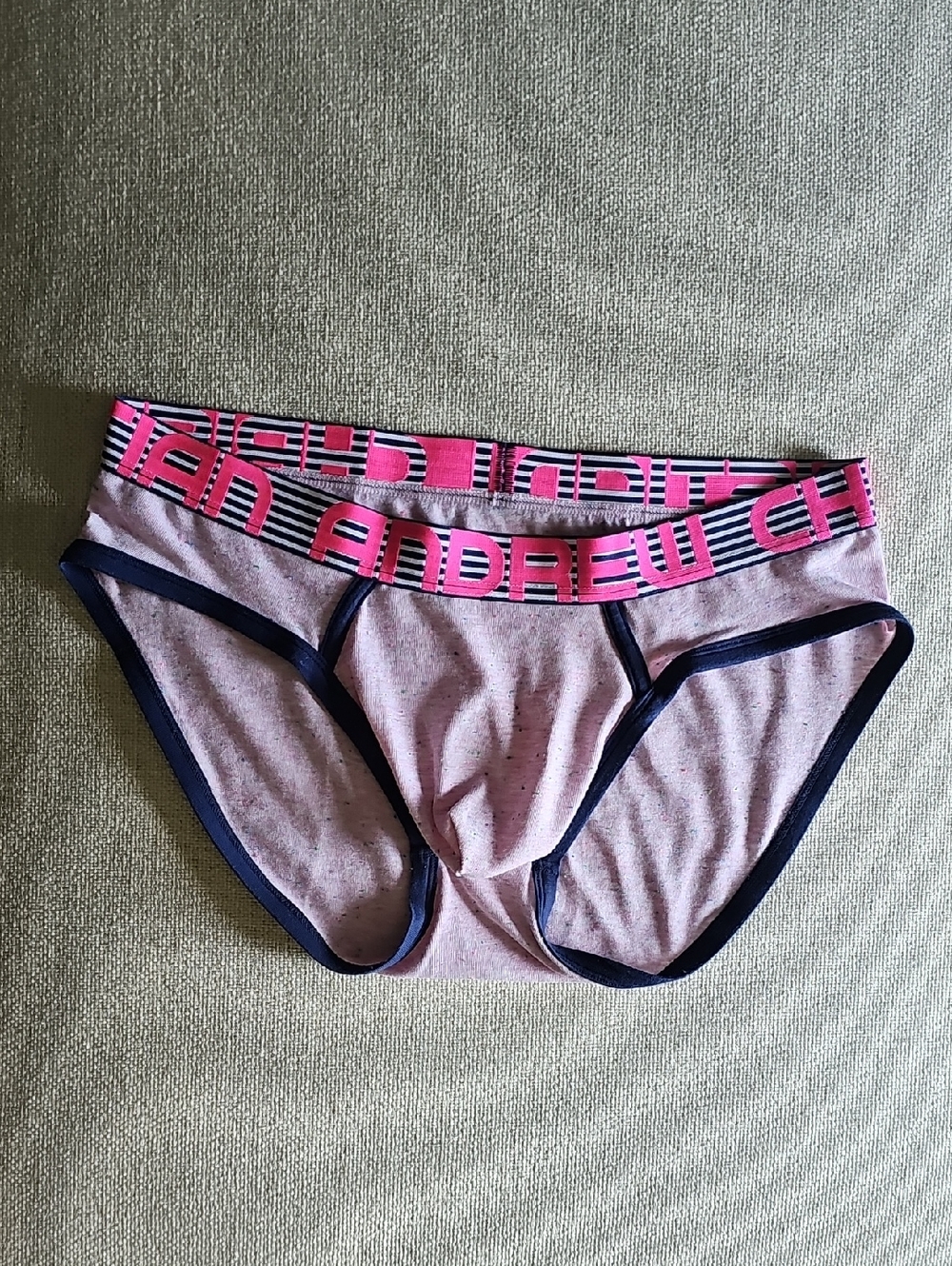 Andrew Christian large Light Pink Briefs with Navy Trim and Hot Pink Waistband